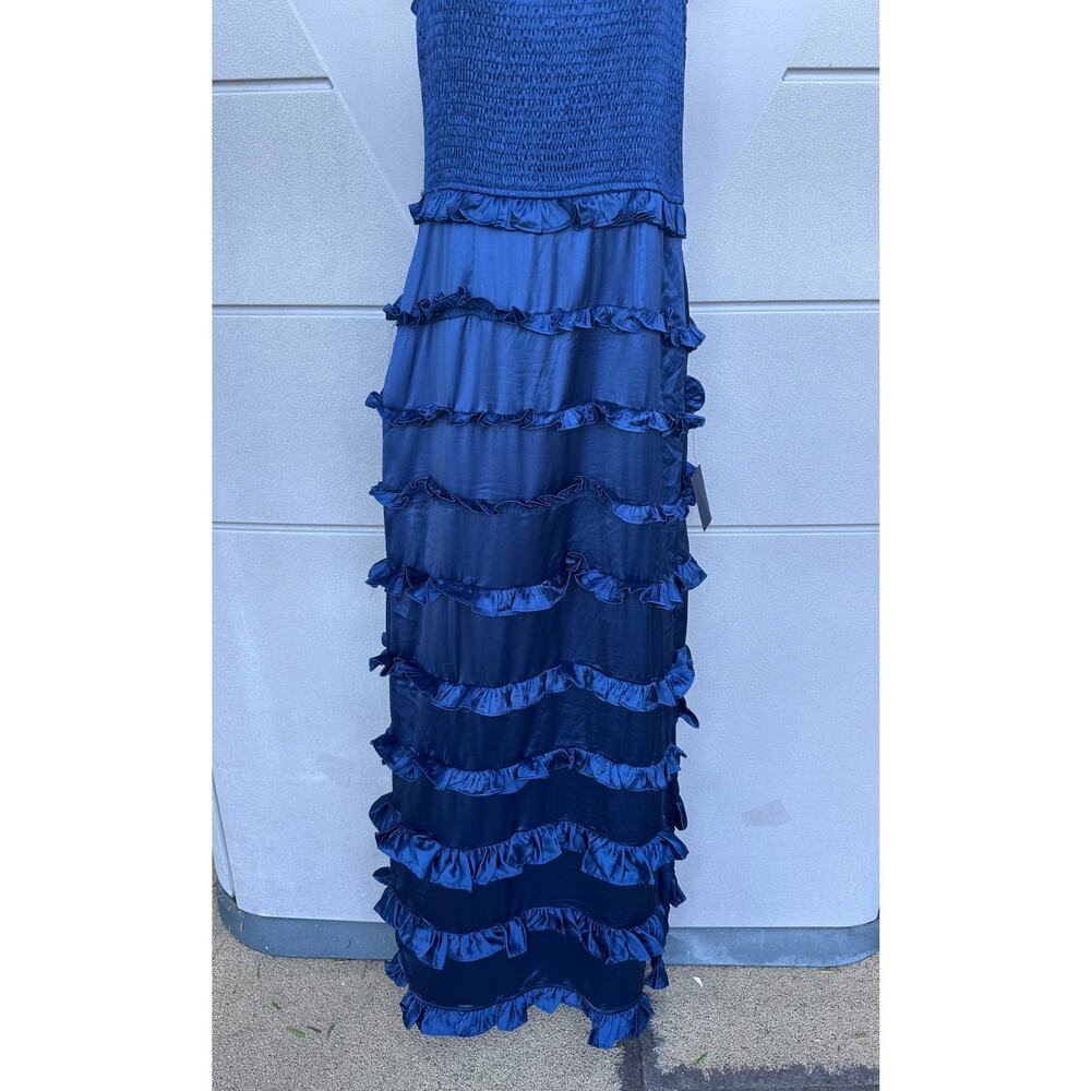 NWT Lulus Blue Satin Tiered Ruffle Smocked Maxi Dress Sz L Romantic Party Prom - Picture 7 of 14